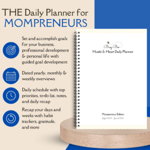 Busy Mama Bee Hustle & Heart planner displayed on a pedestal. Large bullet points with icons (a target, a calendar, a clock and a reset symbol) are displayed next to text.